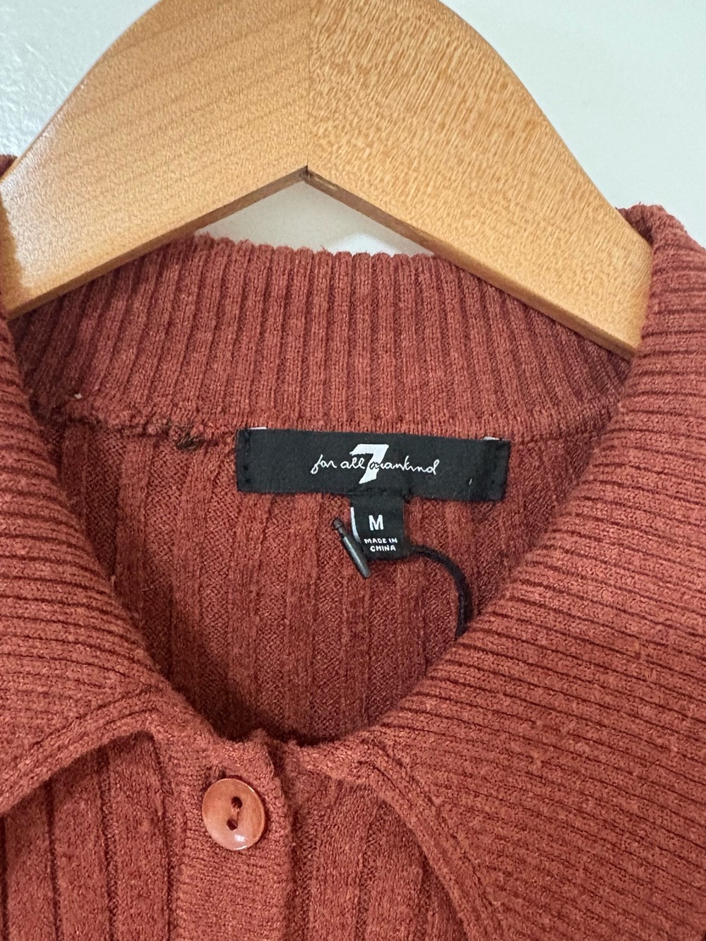 7 For All Mankind Ribbed Short-Sleeve Button-Up Top in Deep Rust - Picture 2 of 2